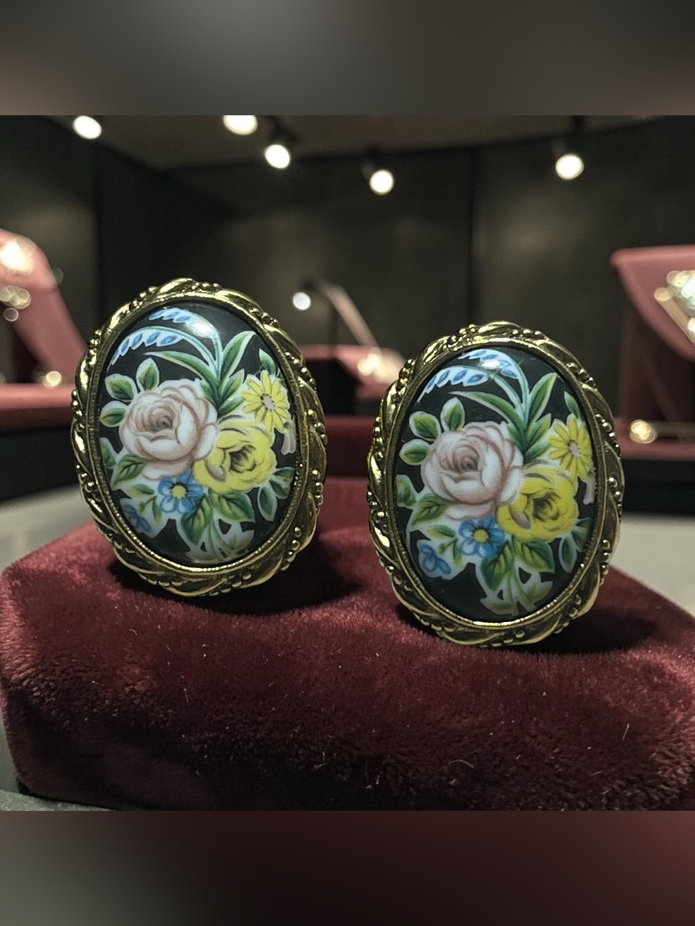 Vintage Black and Gold Floral Oval Porcelain Earrings